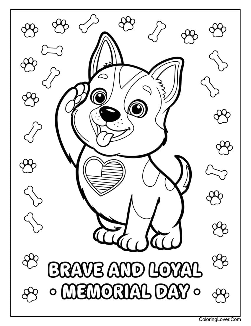 Loyal dog saluting with heart badge for Memorial Day coloring page