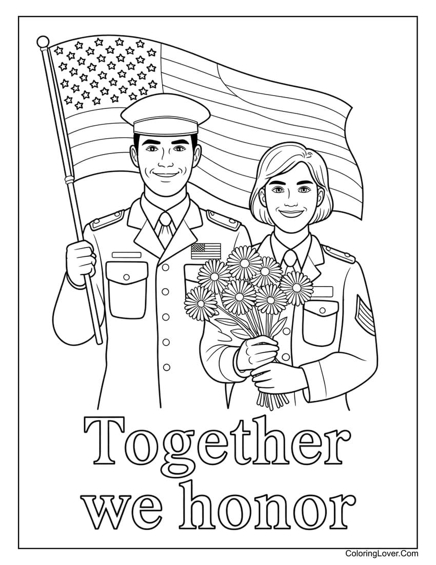 Male and female soldier honored on Memorial Day coloring page