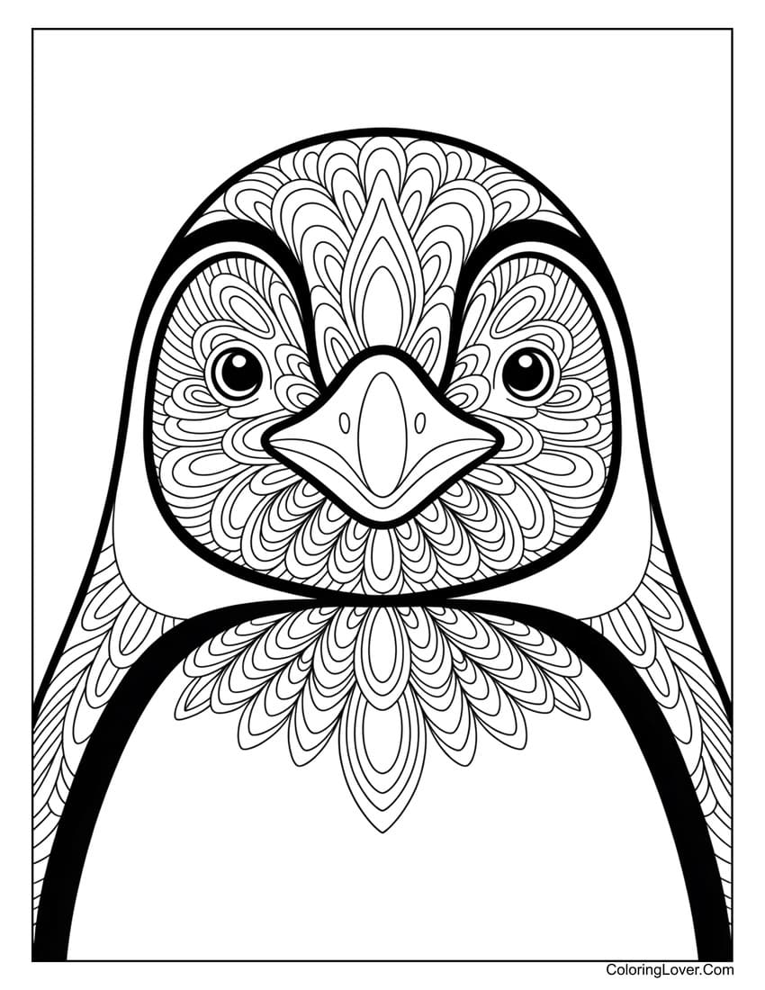 Mandala patterned penguin face coloring sheet for adults