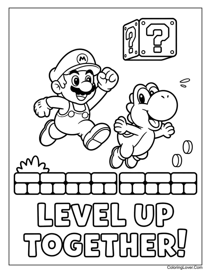 Mario and Yoshi running through platform adventure coloring page