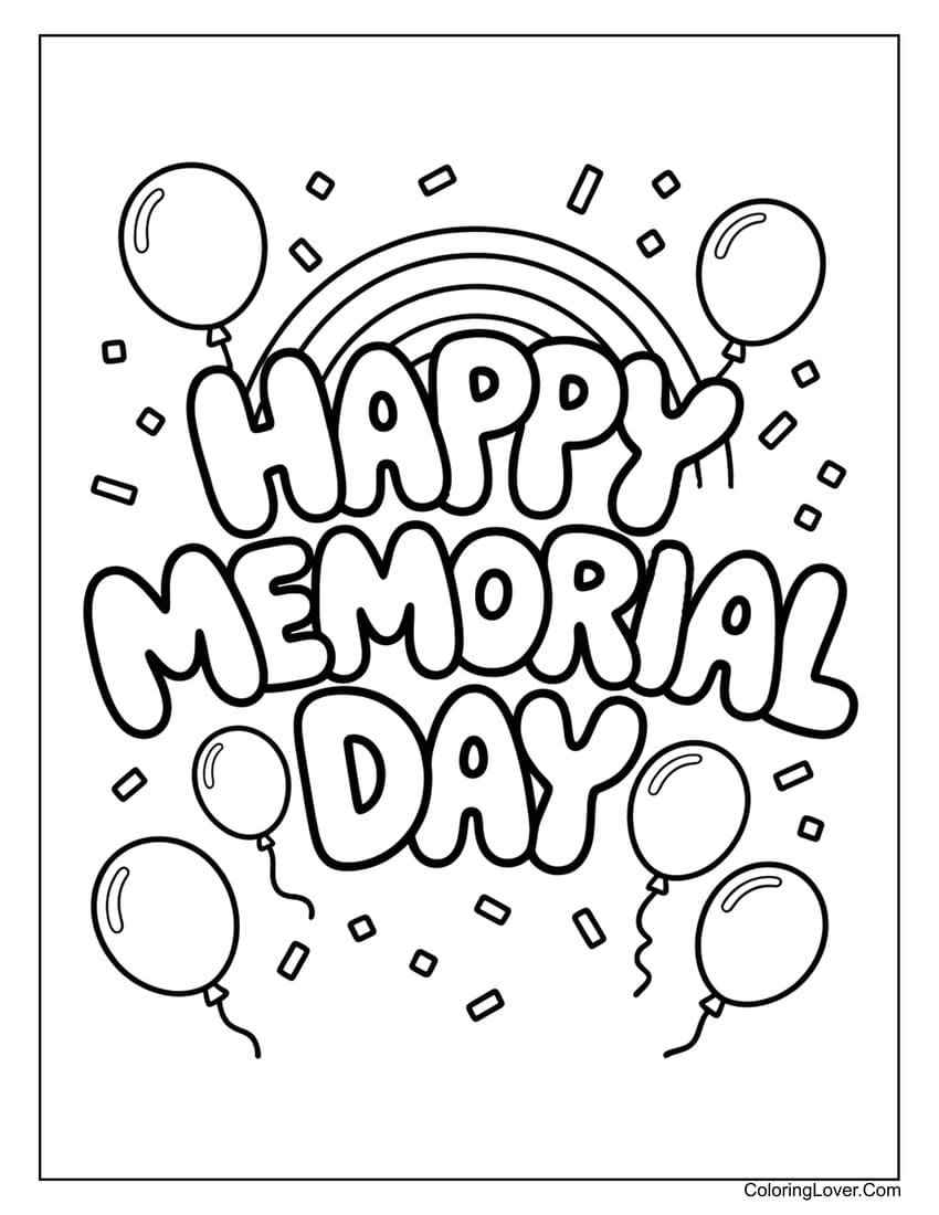 Memorial Day coloring page with balloons and a rainbow