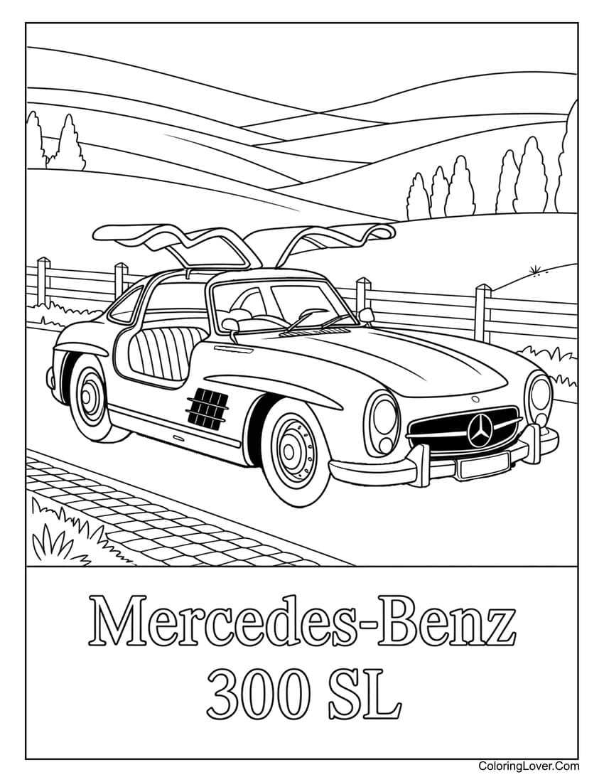 Mercedes-Benz 300 SL with open wings on country road coloring page