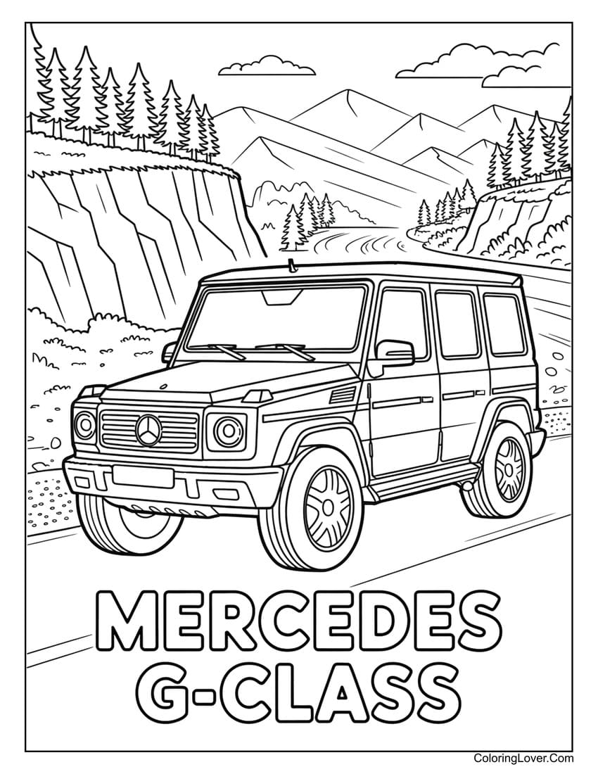 Mercedes G-Class driving through mountain road coloring page