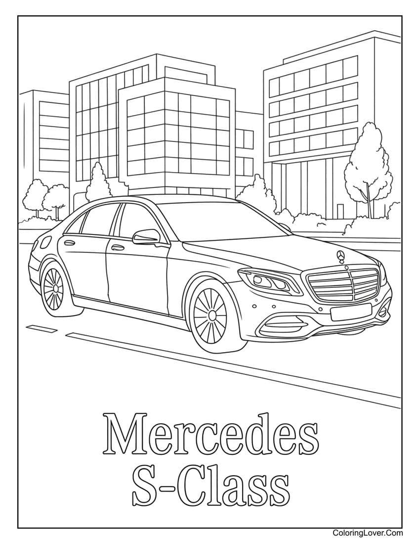 Mercedes S-Class parked in front of city buildings coloring page