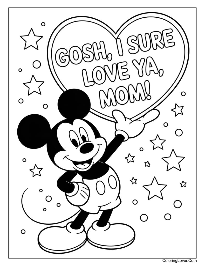 Mickey Mouse with stars and “Gosh, I love ya mom!” message coloring page