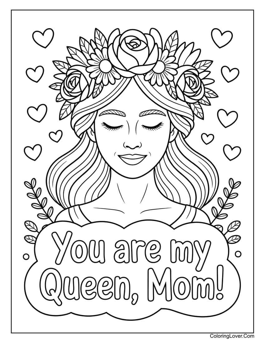 Mom with floral crown smiling on Mother’s Day coloring page