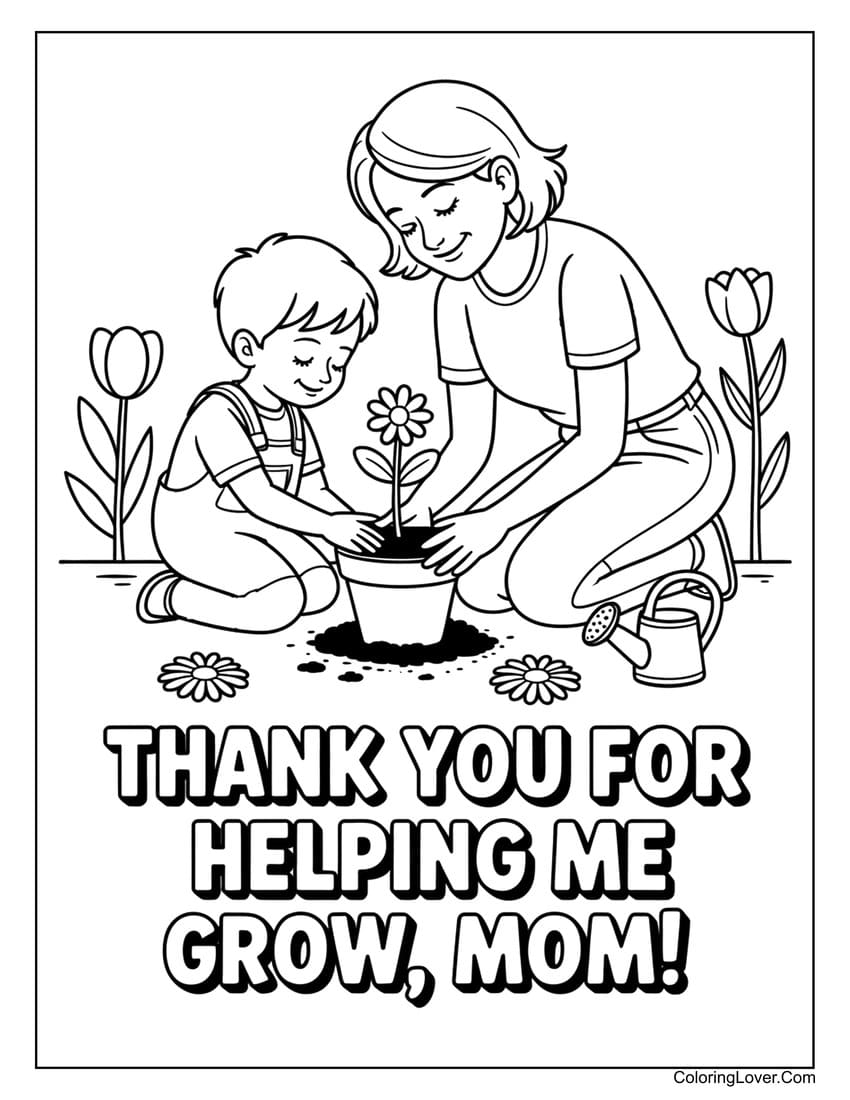 Mother and child planting flowers together on Mother’s Day coloring page