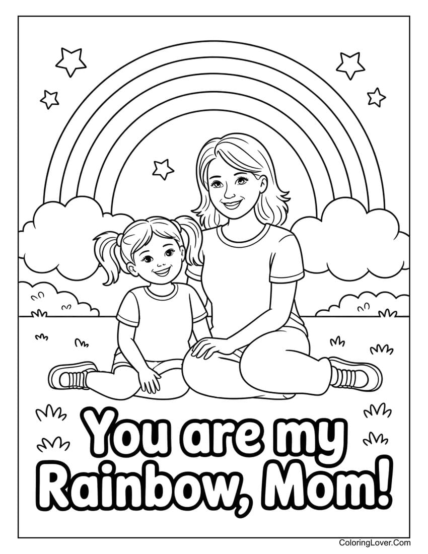 Mother and daughter sitting under rainbow on Mother’s Day coloring page