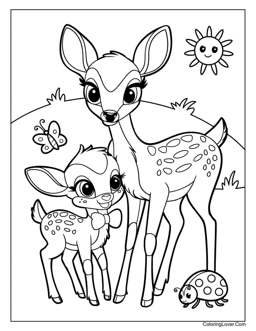 Mother deer with baby fawn coloring page