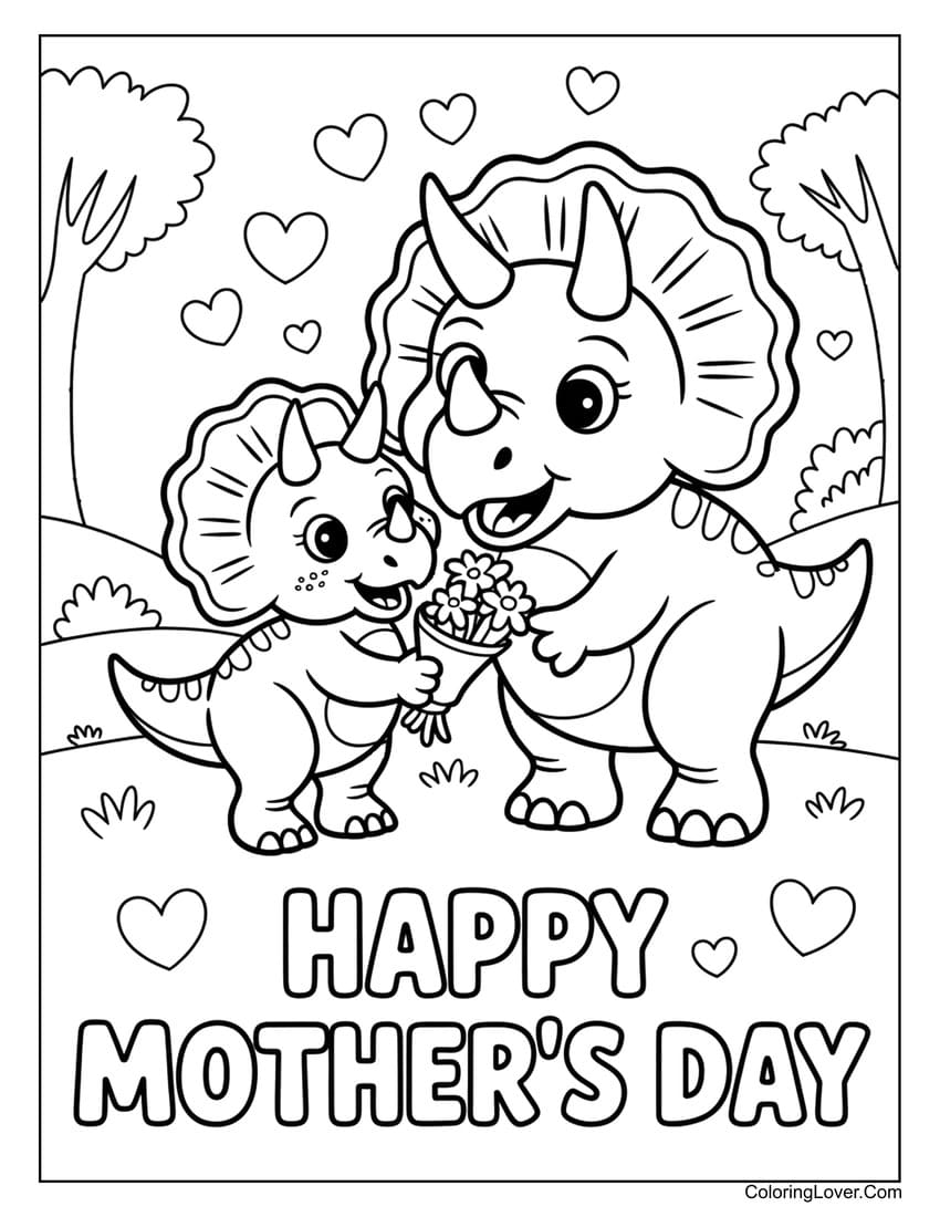 Mother's Day dinosaur hugging baby dino in heart scene coloring page