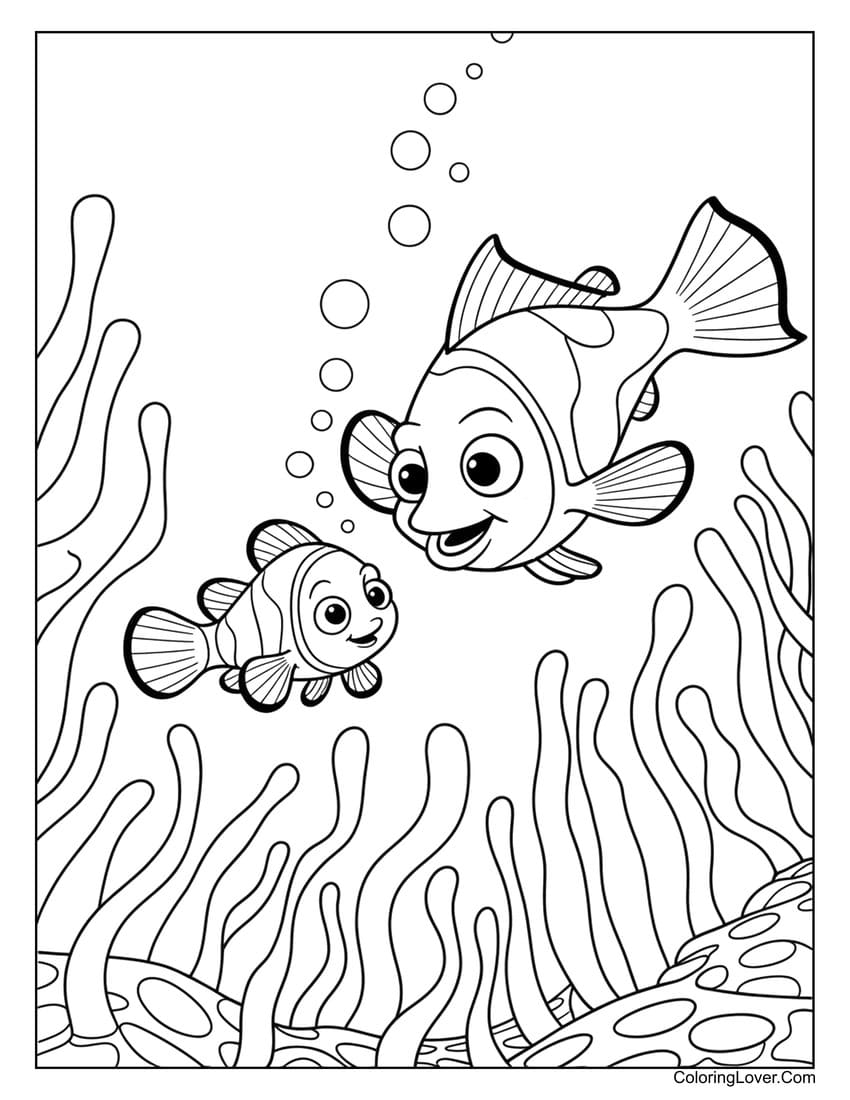 Nemo and Marlin exploring colorful coral reef coloring page