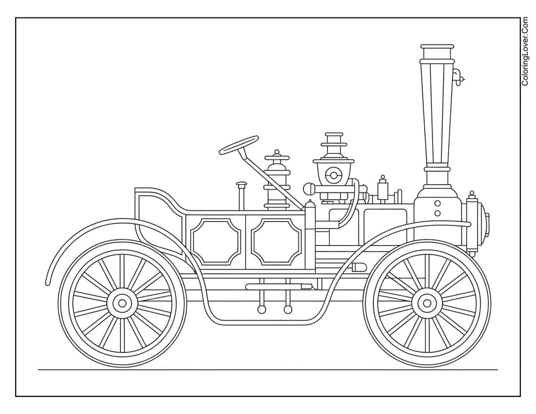 Old model car with steam engine and large chimney coloring page