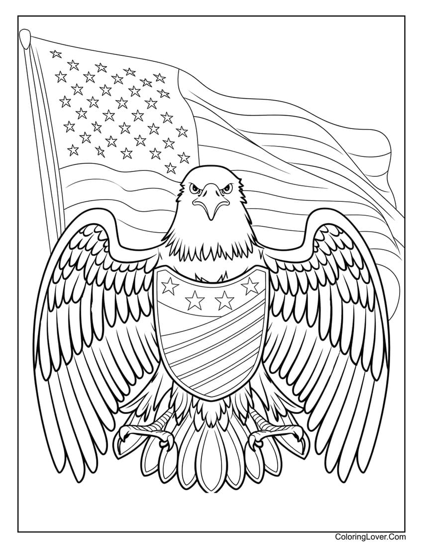 Patriotic eagle emblem in front of flag for Memorial Day coloring page