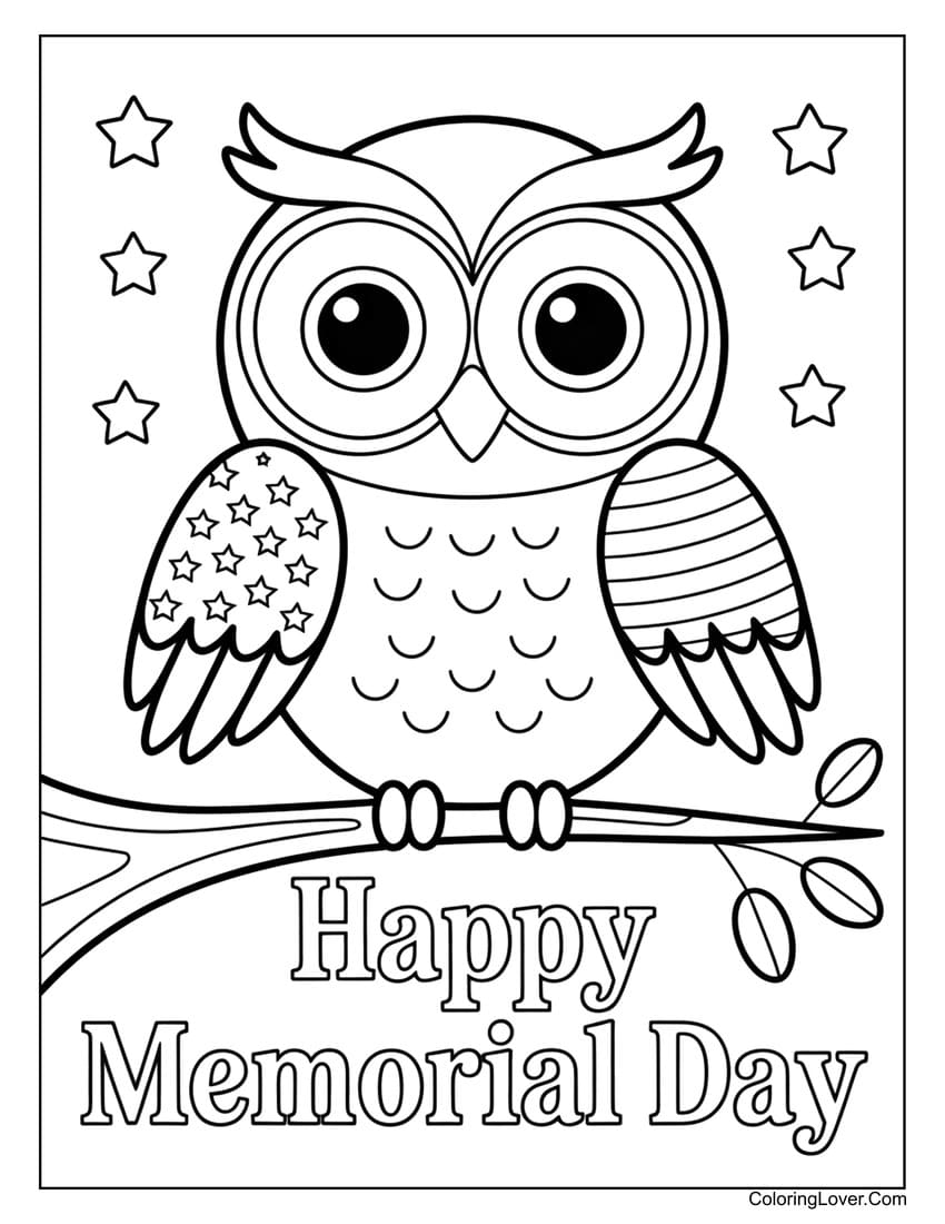 Patriotic owl sitting on branch for Memorial Day coloring page