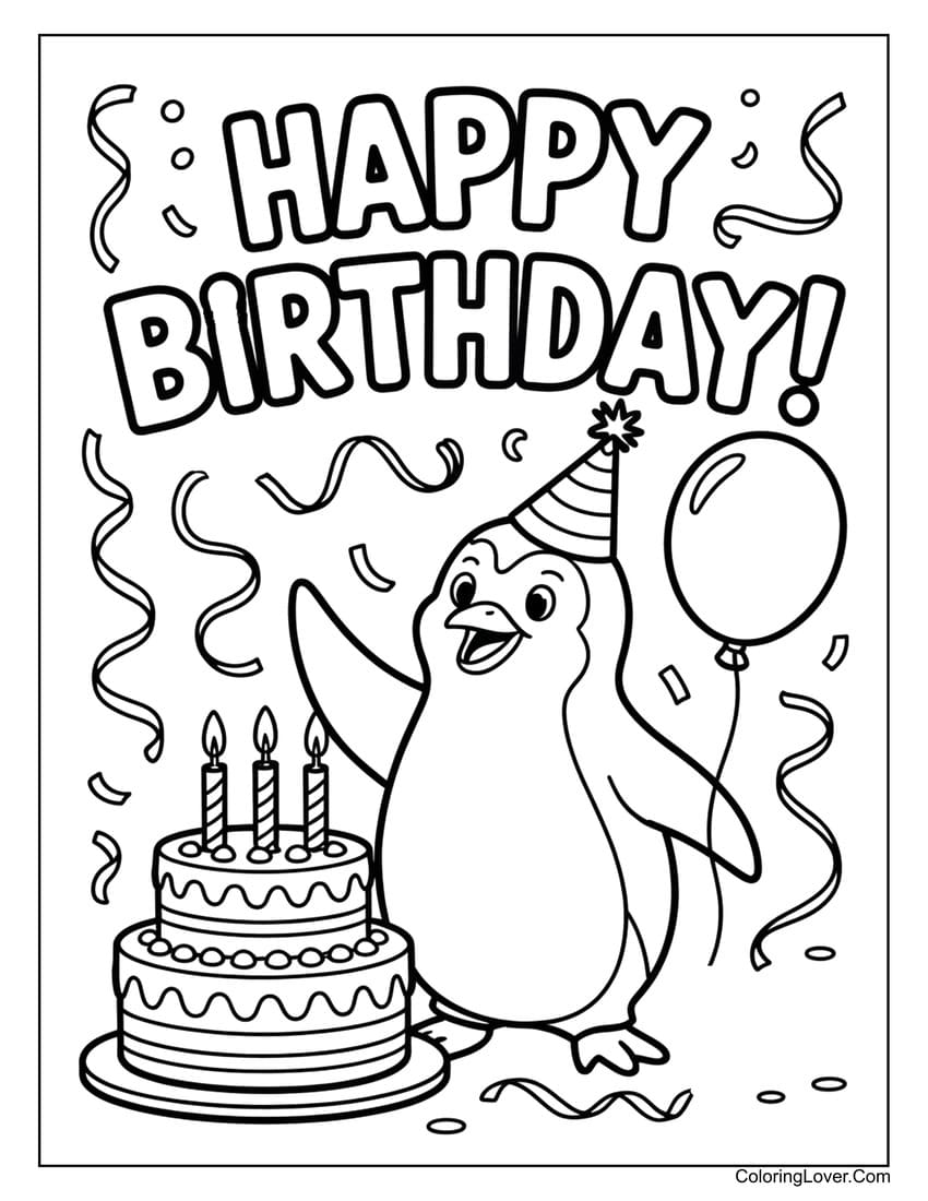 Penguin birthday party with cake “Happy Birthday” coloring page