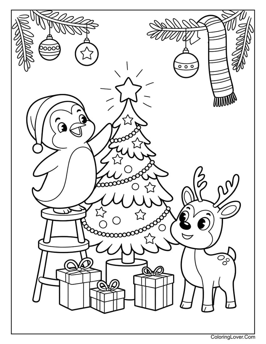 Penguin decorating tree with reindeer coloring page