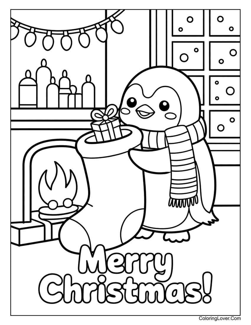 Penguin filling stocking “Merry Christmas!” coloring sheet