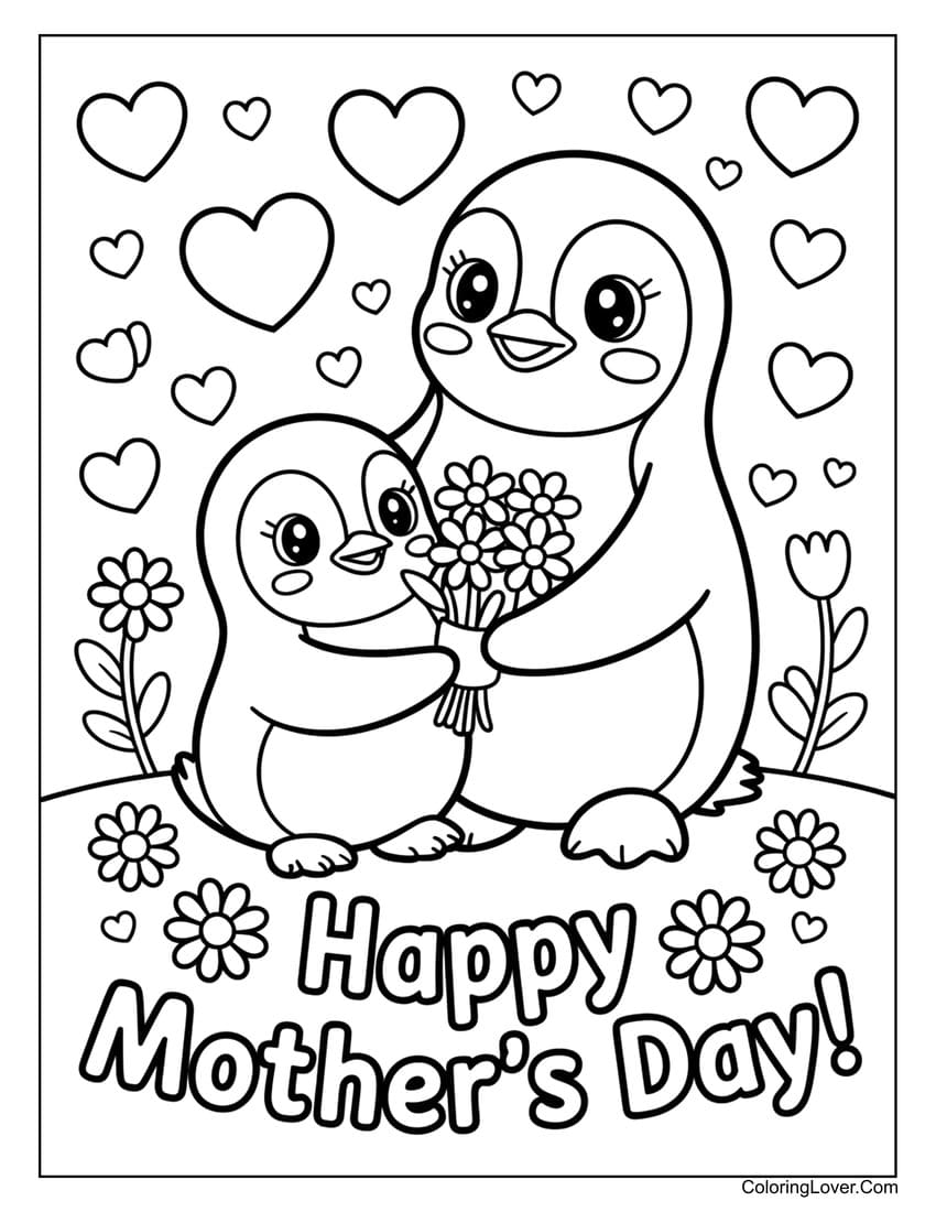 Penguin giving flowers “Happy Mother’s Day!” coloring page