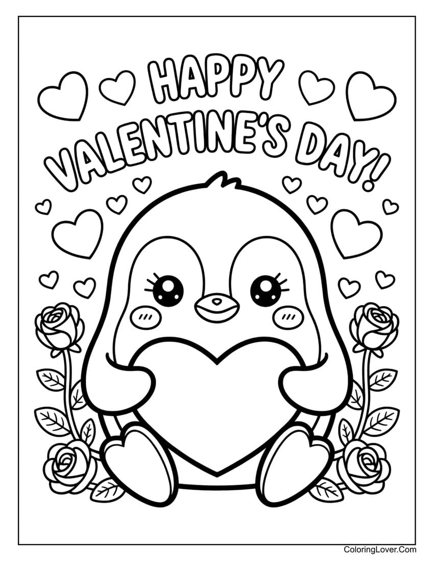 Penguin holding heart “Happy Valentine’s Day!” coloring page