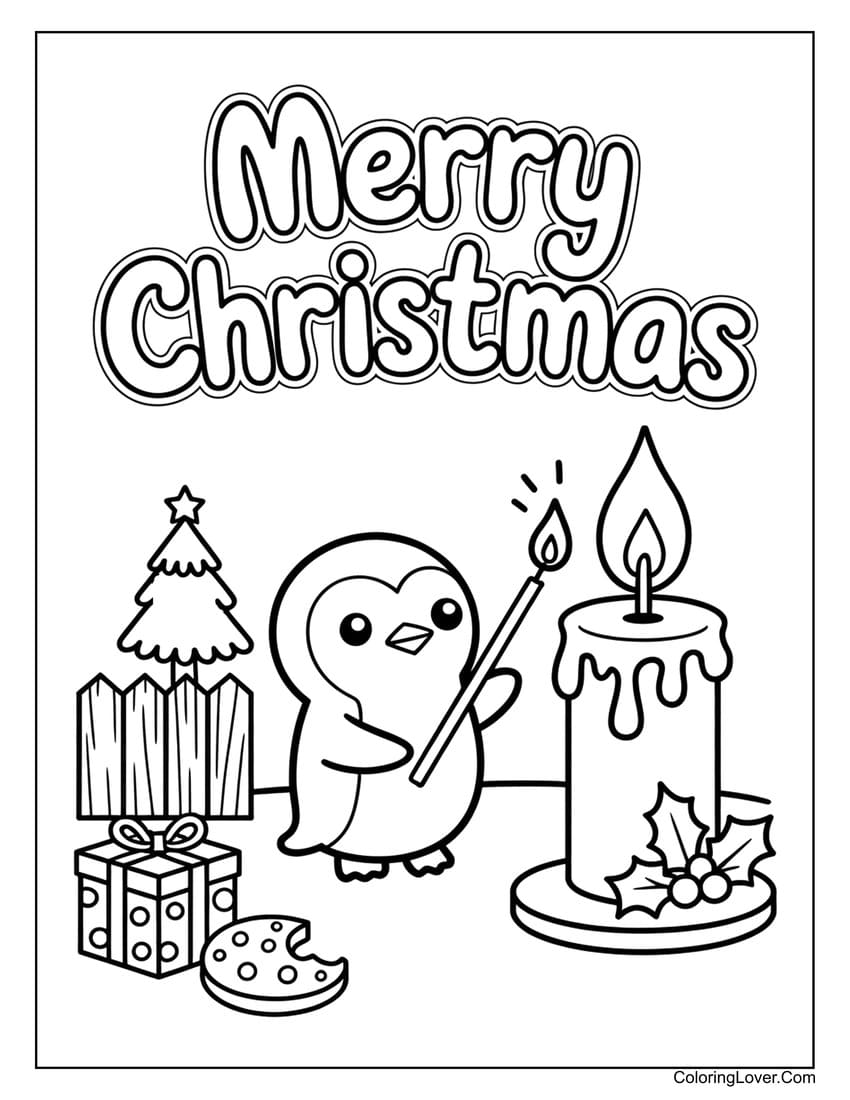 Penguin lighting candle “Merry Christmas” coloring page