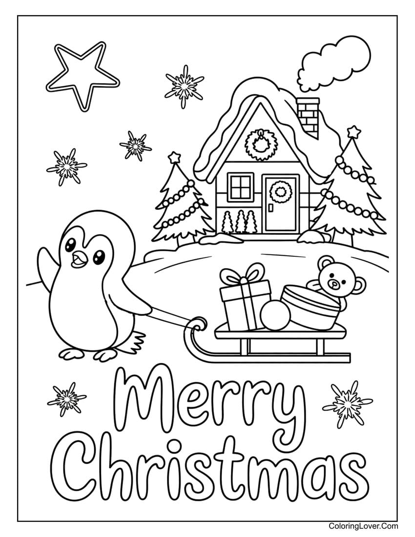 Penguin pulling sled by house “Merry Christmas” coloring page