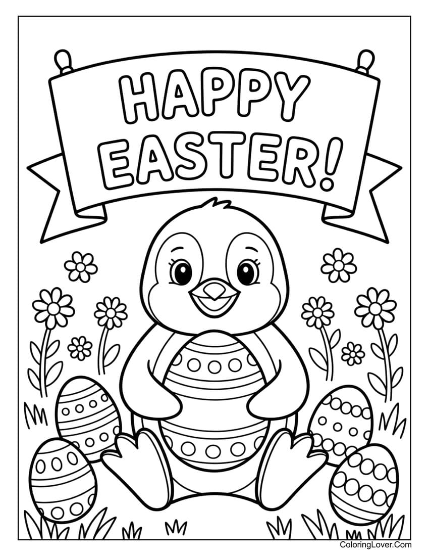 Penguin with Easter eggs “Happy Easter!” coloring page