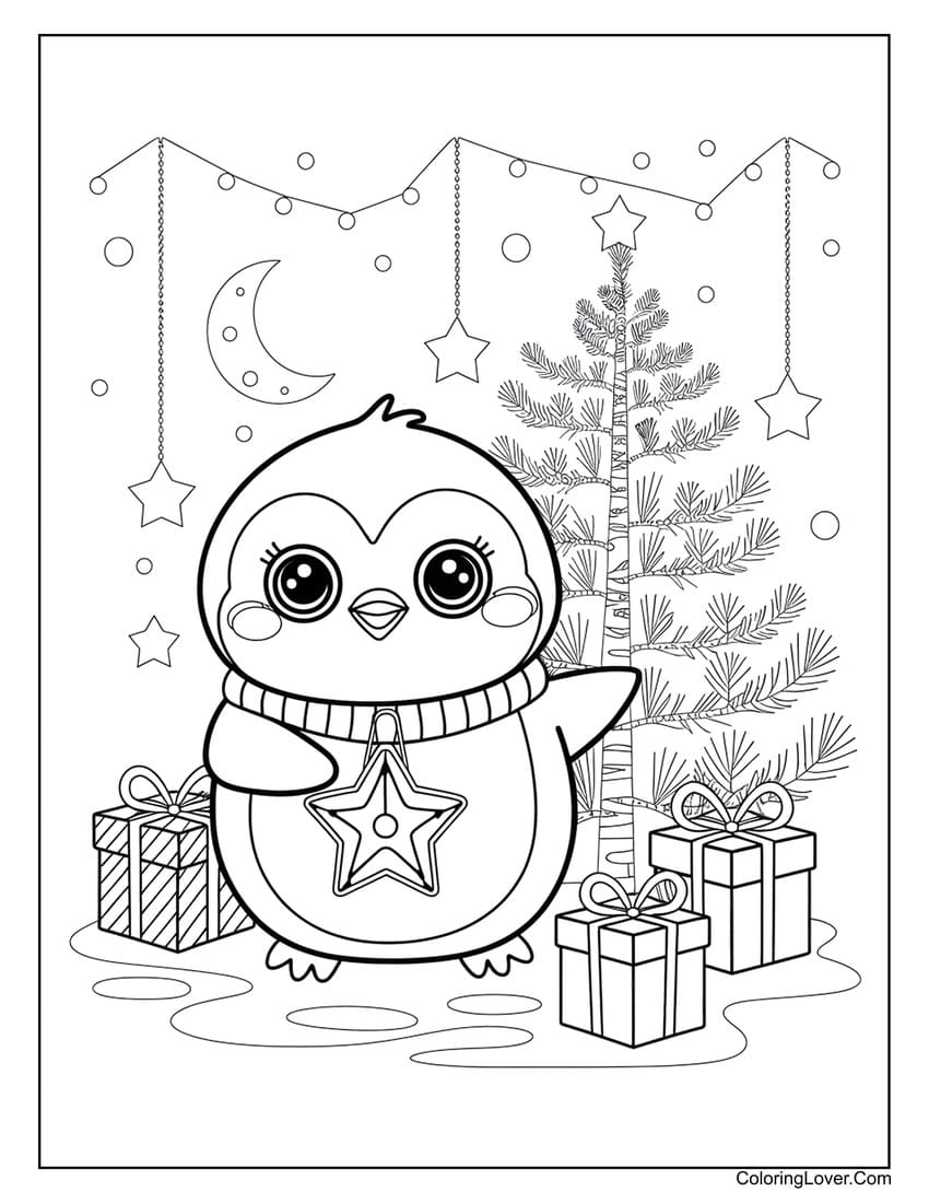 Penguin with presents and tree coloring page Christmas night