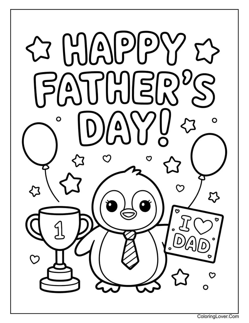 Penguin with trophy “Happy Father’s Day!” coloring page