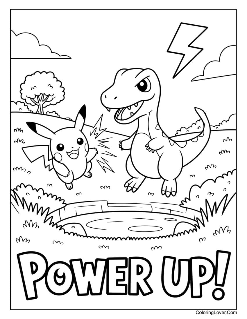 Pikachu and dinosaur powering up with lightning coloring page