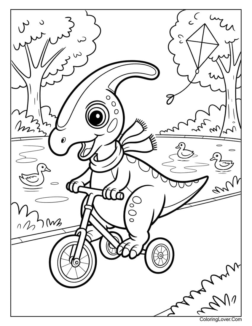 Playful dinosaur riding tricycle near pond coloring page