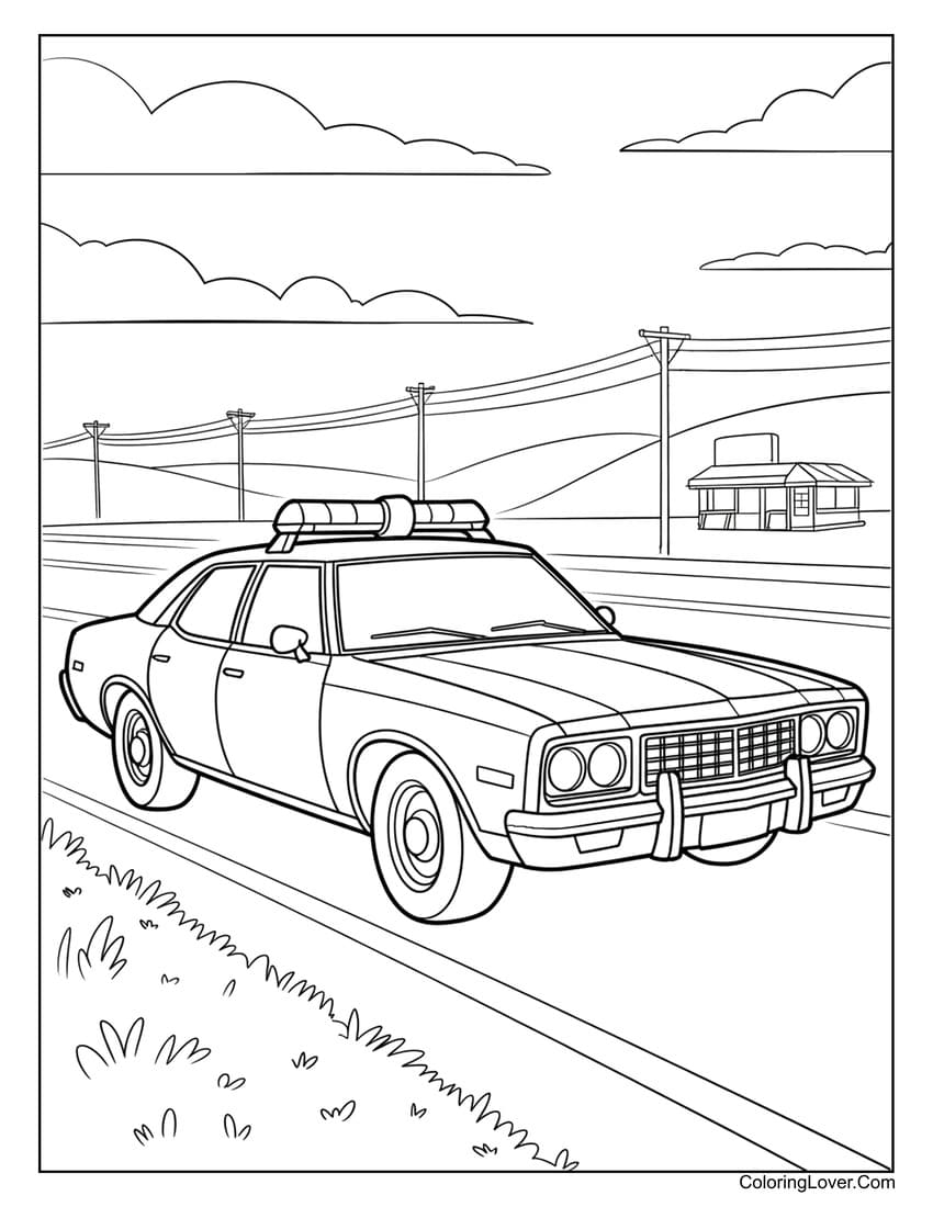 Police car on roadside with power lines coloring page