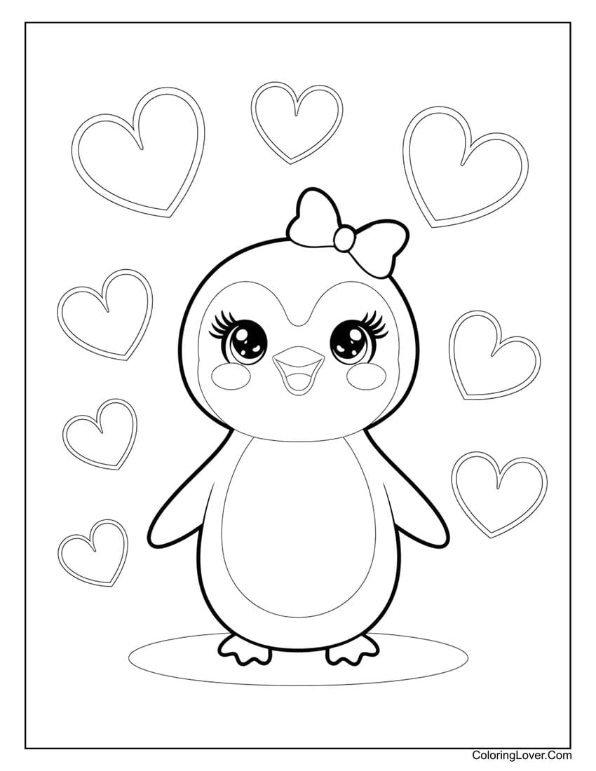 Preschool penguin with hearts coloring page for kids