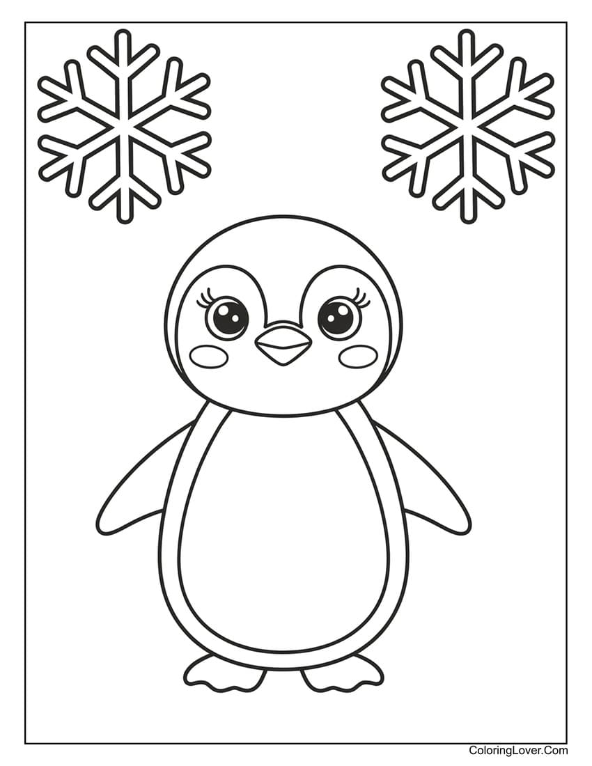 Simple preschool penguin with snowflakes coloring sheet