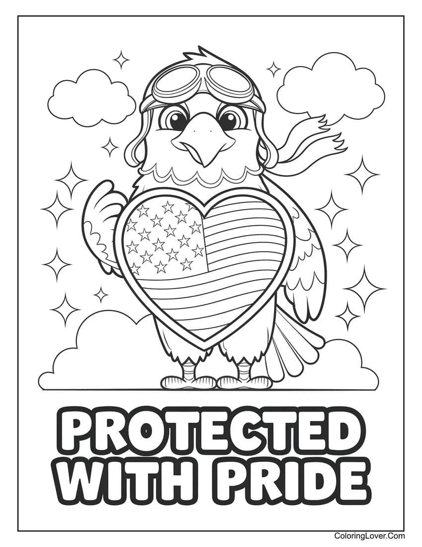 Proud eagle holding heart-shaped flag on Memorial Day coloring page