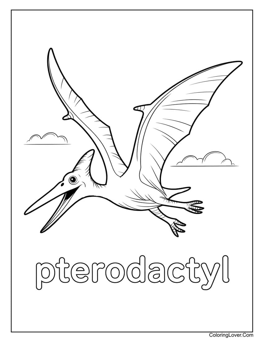 Pterodactyl flying in sky with clouds and mountains coloring page