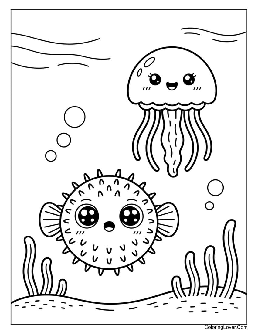 Pufferfish and jellyfish floating peacefully in sea coloring page