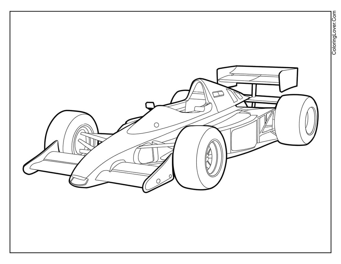 Race car with aerodynamic rear wing and slick tires coloring page