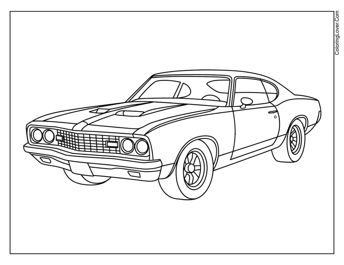 Race car with classic muscle build and bold front grill coloring page