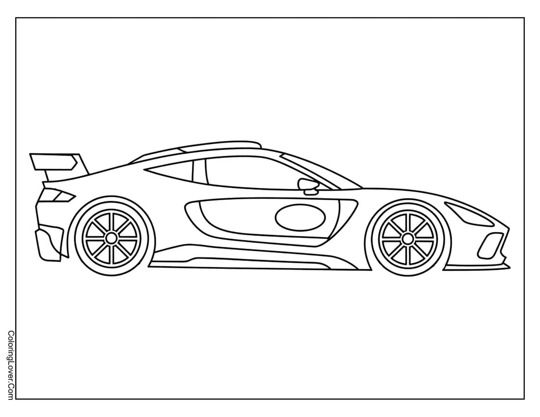 Race car with low stance and wide performance tires coloring page
