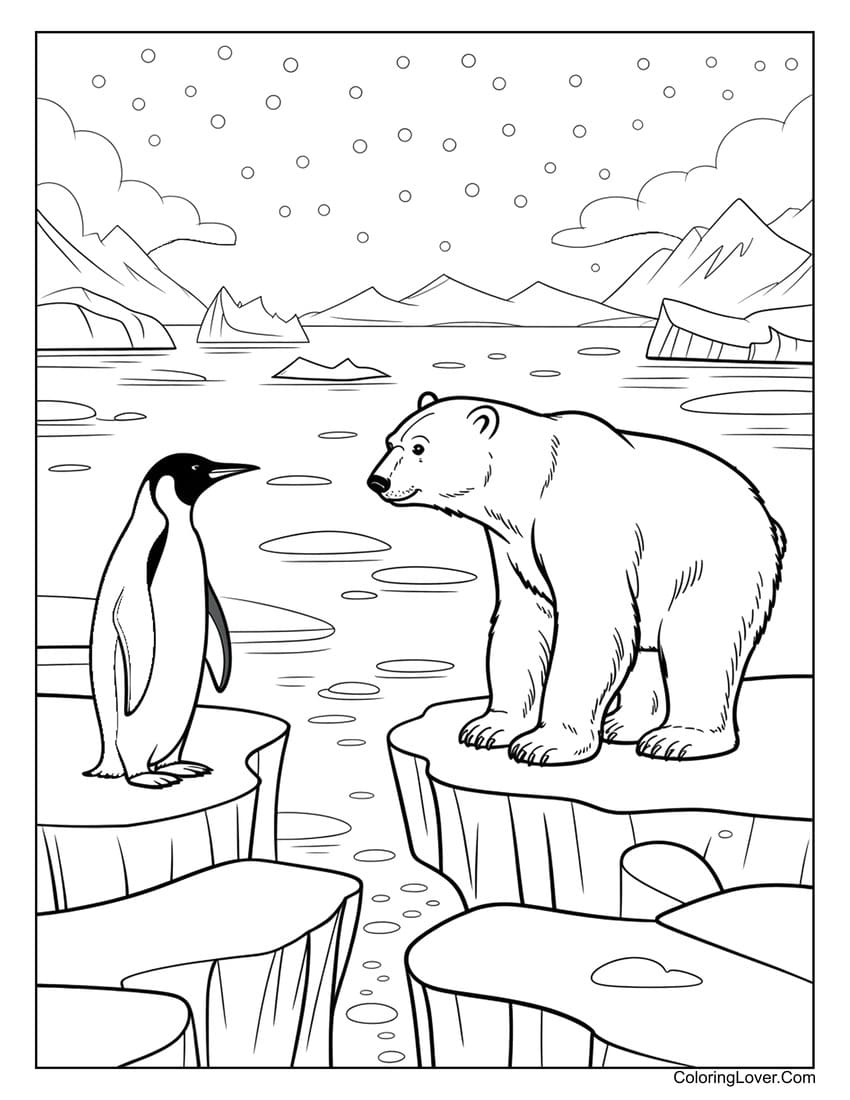 Realistic penguin and polar bear on ice coloring page