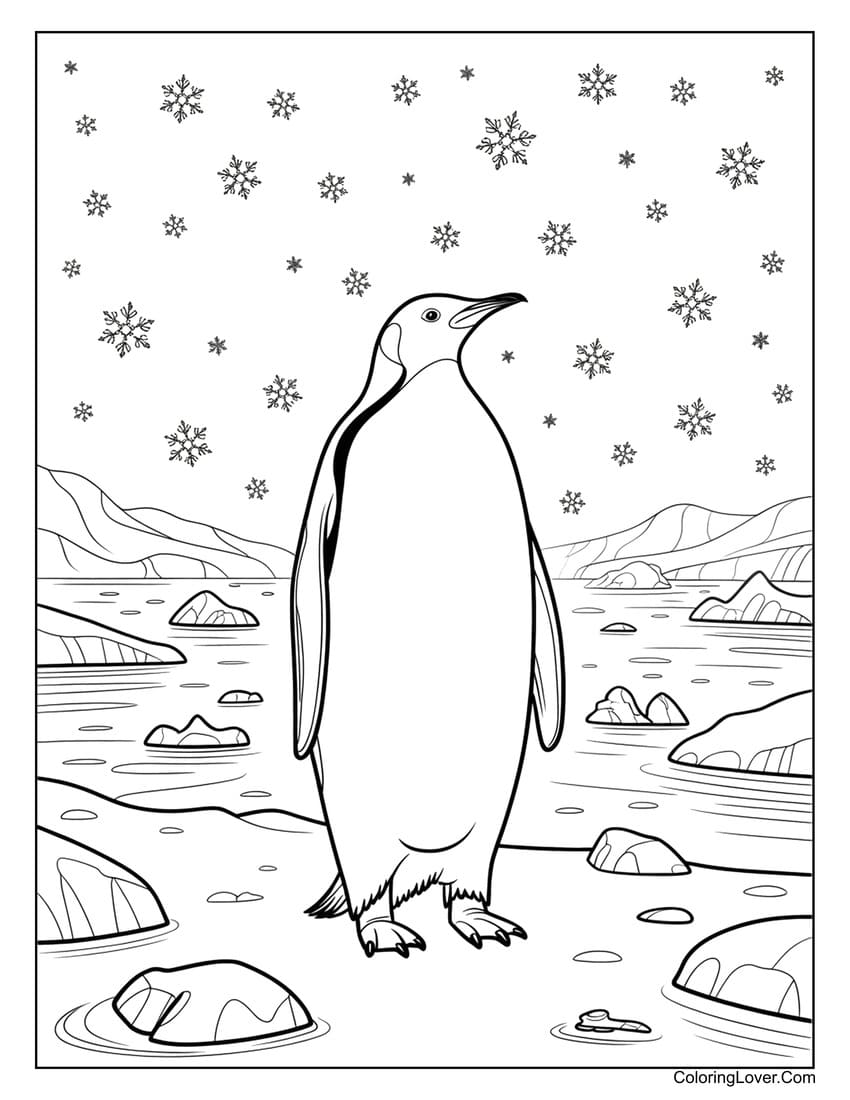 Realistic penguin standing on icy shore coloring page