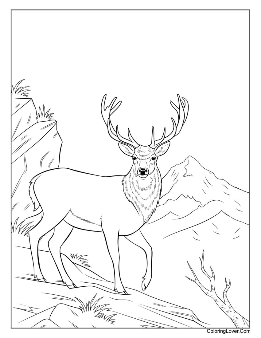 Realistic reindeer on mountain cliff coloring page