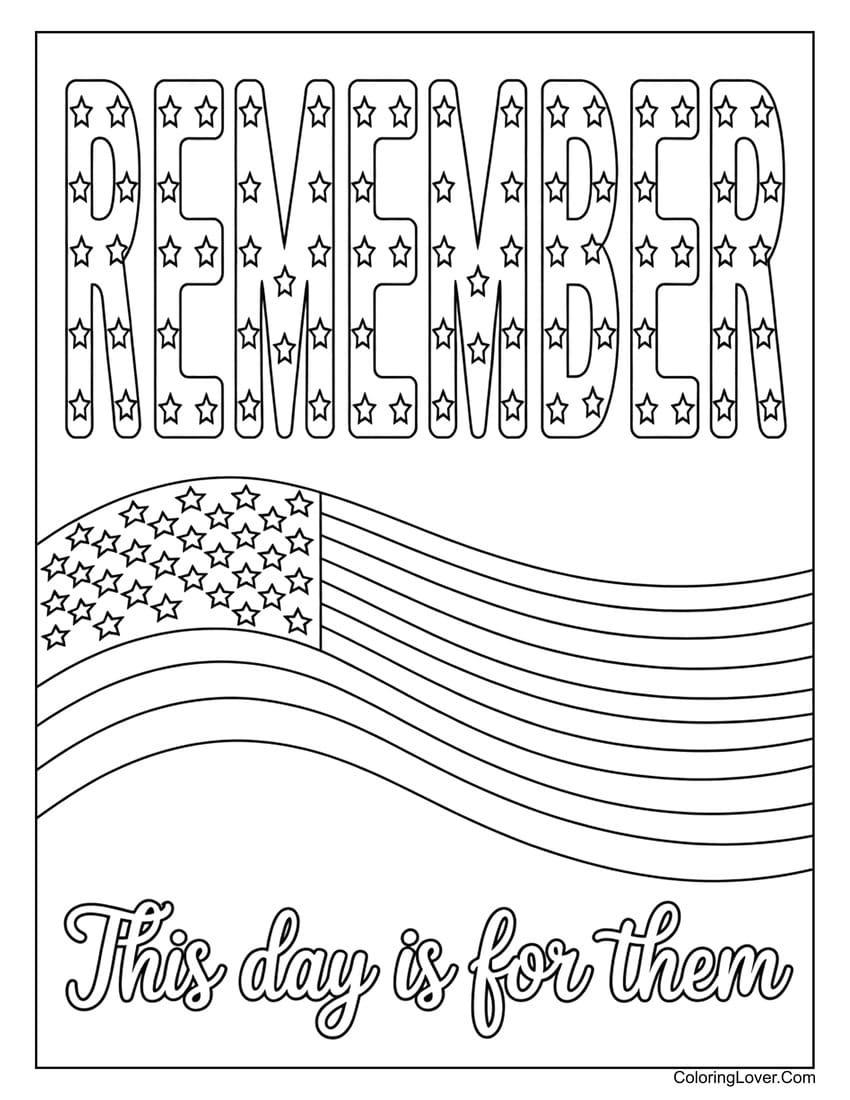 “Remember” message with flag for Memorial Day remembrance coloring page
