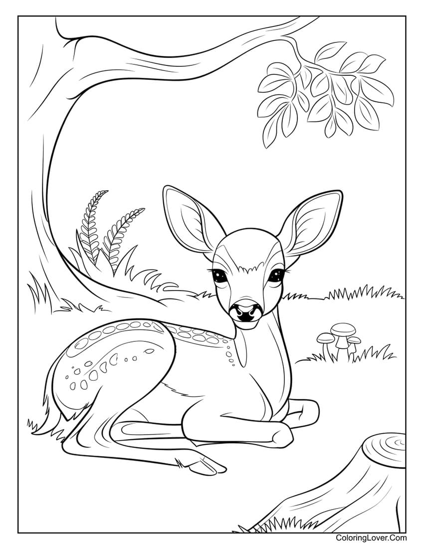 Resting fawn under tree in forest coloring page