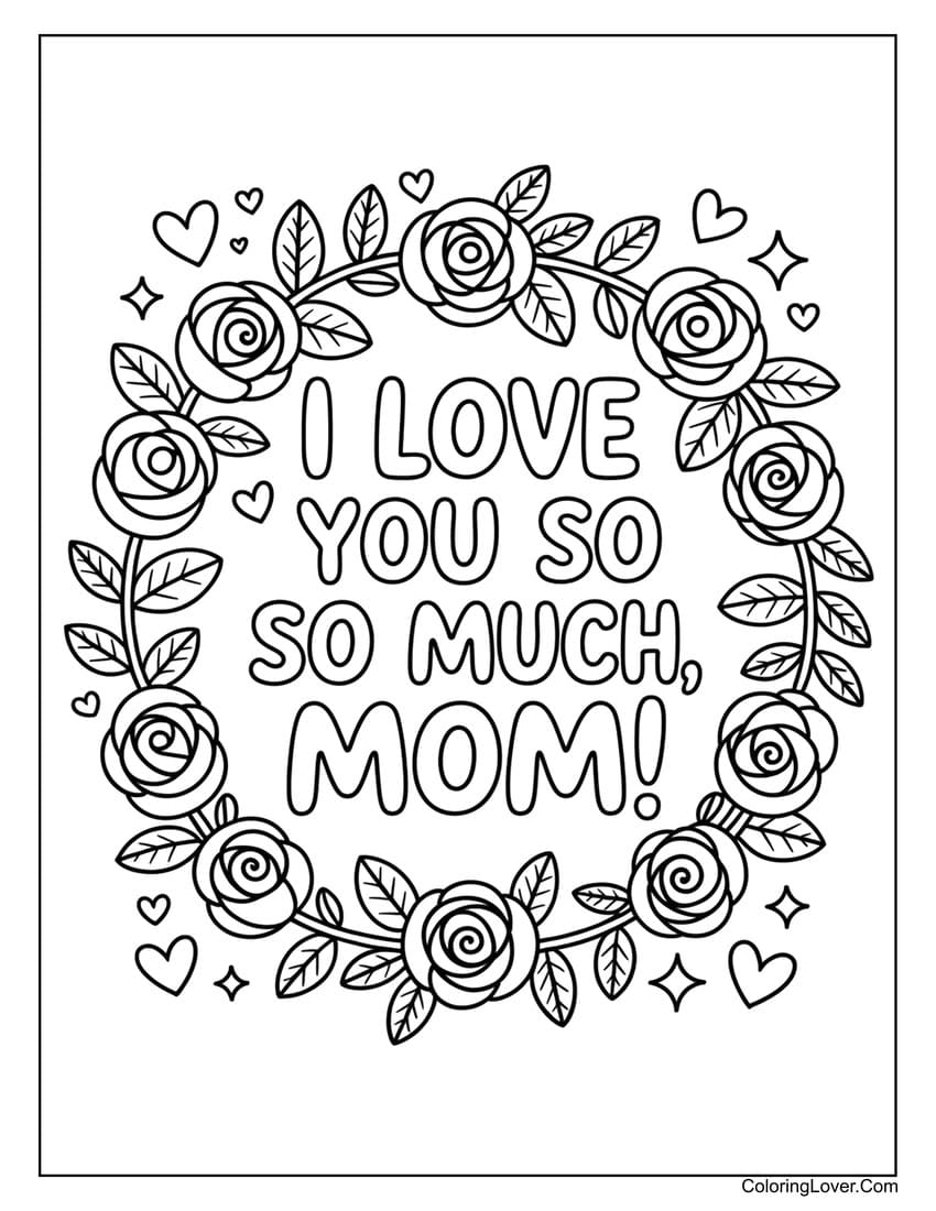 Rose wreath with love message Mother’s Day coloring page