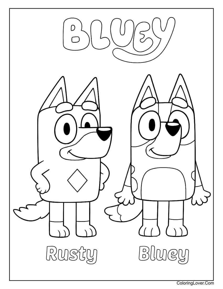 Rusty and Bluey standing confidently together coloring page