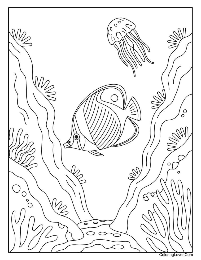 Butterflyfish with jellyfish and coral coloring page