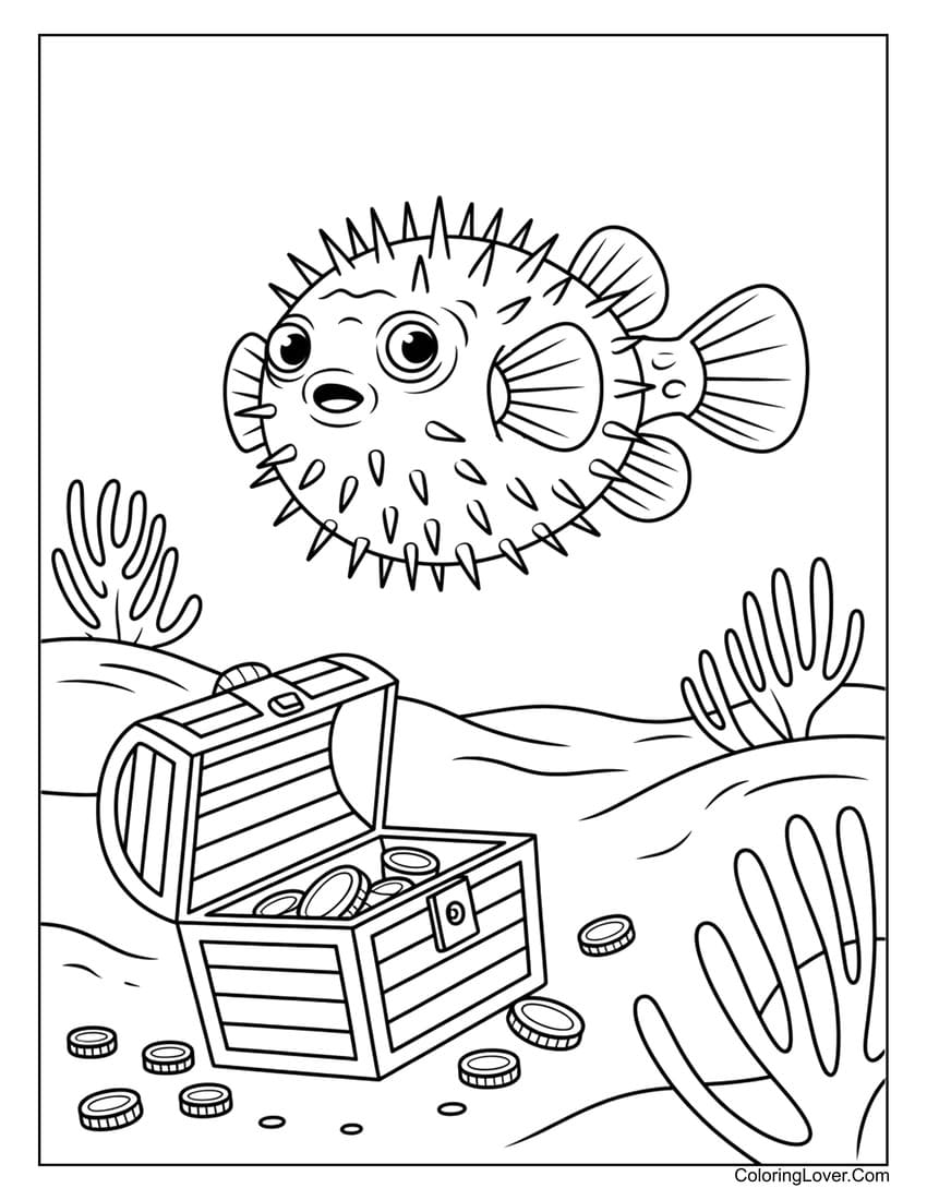 Saltwater fish pufferfish near treasure chest coloring page