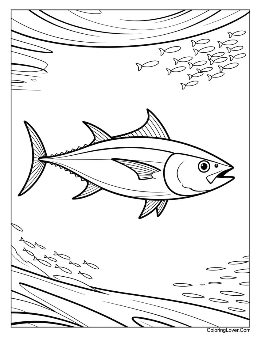 Saltwater fish tuna swimming in ocean current coloring page