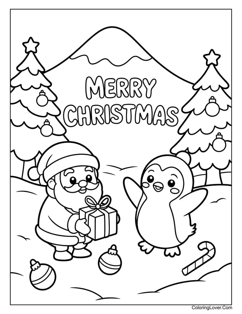 Santa giving gift to penguin “Merry Christmas” coloring page